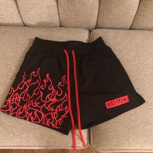 KILL CREW MUAY THAI FLAME SHORTS (MID THIGH CUT) - BLACK / RED  SIZE MEDIUM